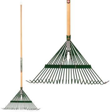 Flat tine lawn rake with 24 tines and stiffener, by Spear & Jackson.