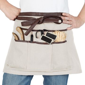 Taupe-coloured 100% cotton short garden apron with faux leather belt and 7 pockets - One size fits all